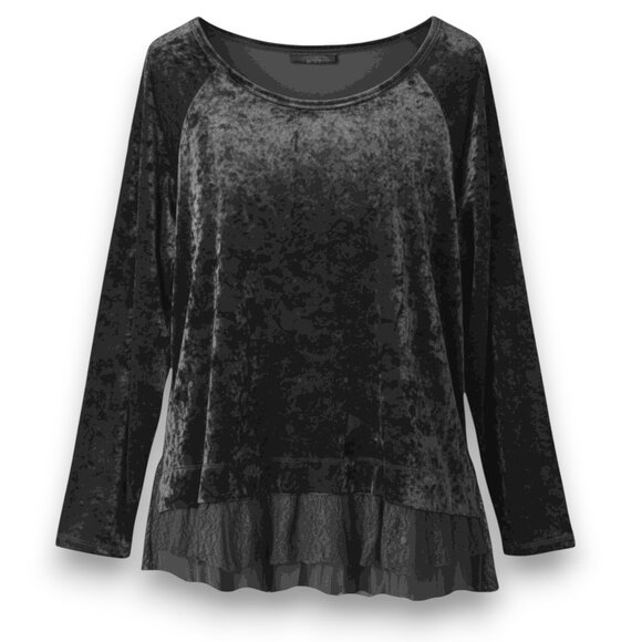 Karen Kane 2X BLACK Crushed Velvet Top with Lace Chiffon Hem - Picture 1 of 8
